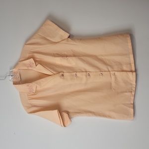 VTG 70s SEARS The Fashion Place Peach Embroidered Floral Short Sleeve Blouse